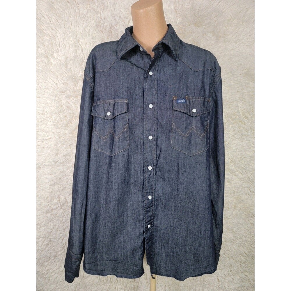 Vtg Wrangler Denim Shirt Men's Size L Brushpopper Western Pearl Button Raw Hem P